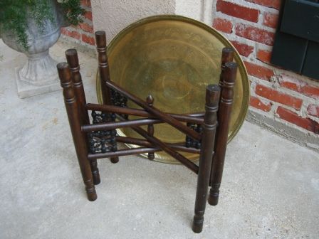 Antique English Wood Folding Incised BRASS TRAY Coffee Tea Table Asian 