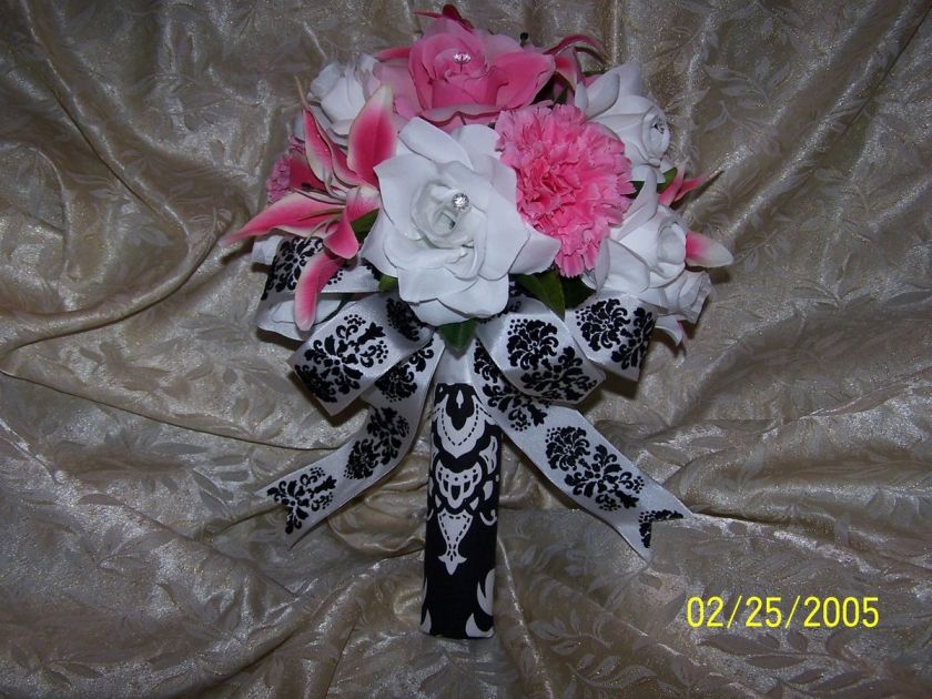 21pc Wedding Flowers Bouquet Bridal Damask Black White feathers pink 