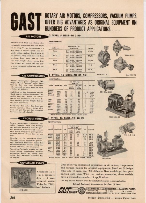 Gast Pumps Rotary Vacuum Compressors Air Motor 1957 AD  