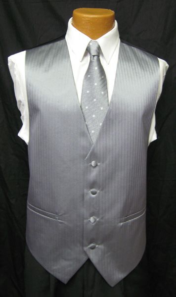 New Mens Silver Herringbone Fullback Vest & Tie L Prom  