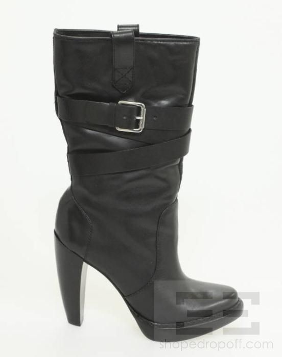  Kors Black Leather Strap Detail Platform Lisa Boots Size 7.5M  