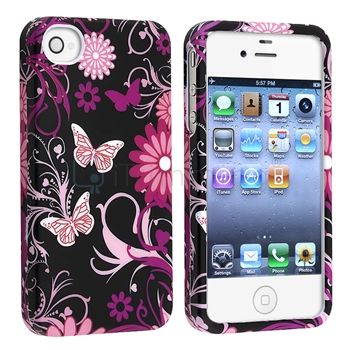Pink/Black Butterfly Rubber Hard Snap on Case Cover+Protector for 