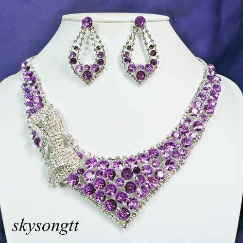   Purple Rhinestone Clear Crystal Bow Silver Necklace Earrings Set P031V