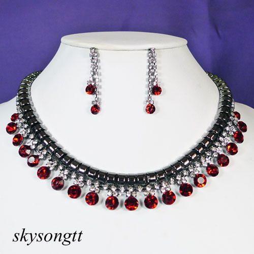   Ruby Red Rhinestone Crystal Bridal Dangler Necklace Earrings Set P024R